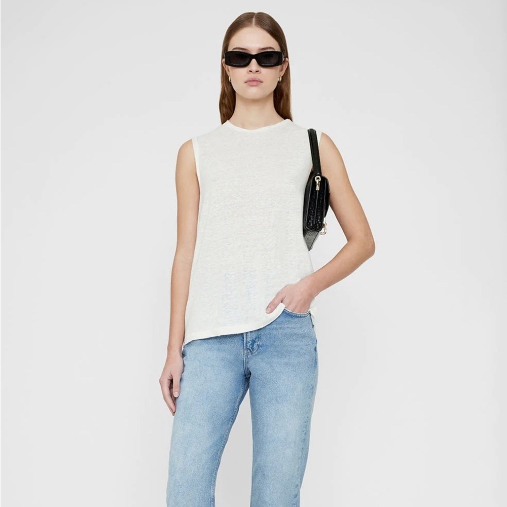 ANINE BING Issac Tee in White Linen Blend Size Large - Picture 1 of 7
